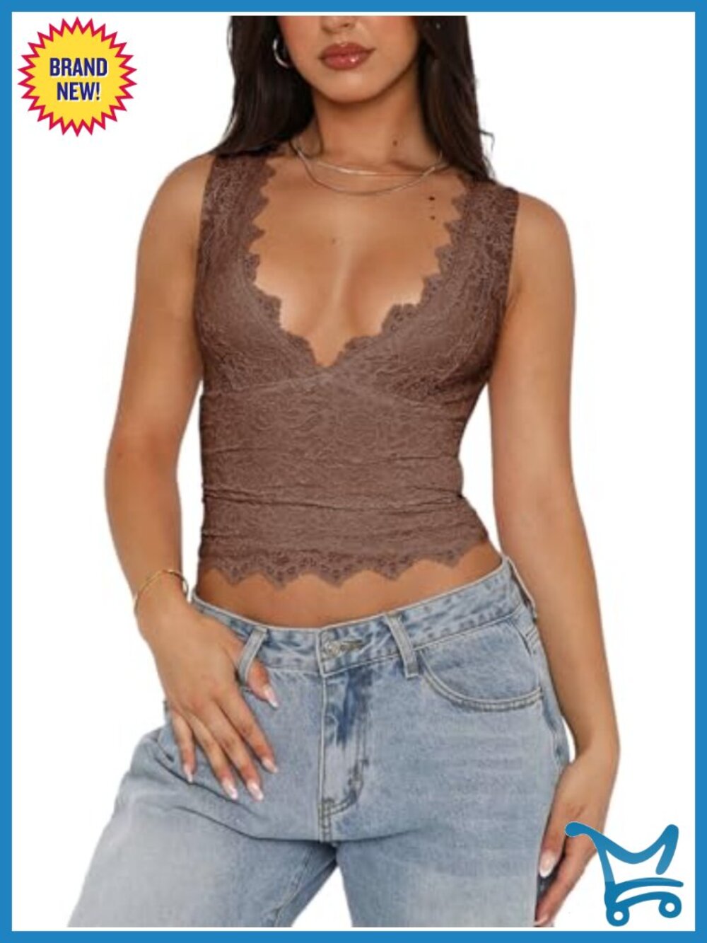 Lace Cropped Tank Top Sleeveless V-Neck Double Lined Y2K Trendy Going Out